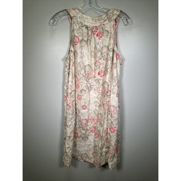 Tommy Bahama Linen Shift Dress XL Shell Print Sleeveless Tan Pink Palm Beach - Picture 2 of 7